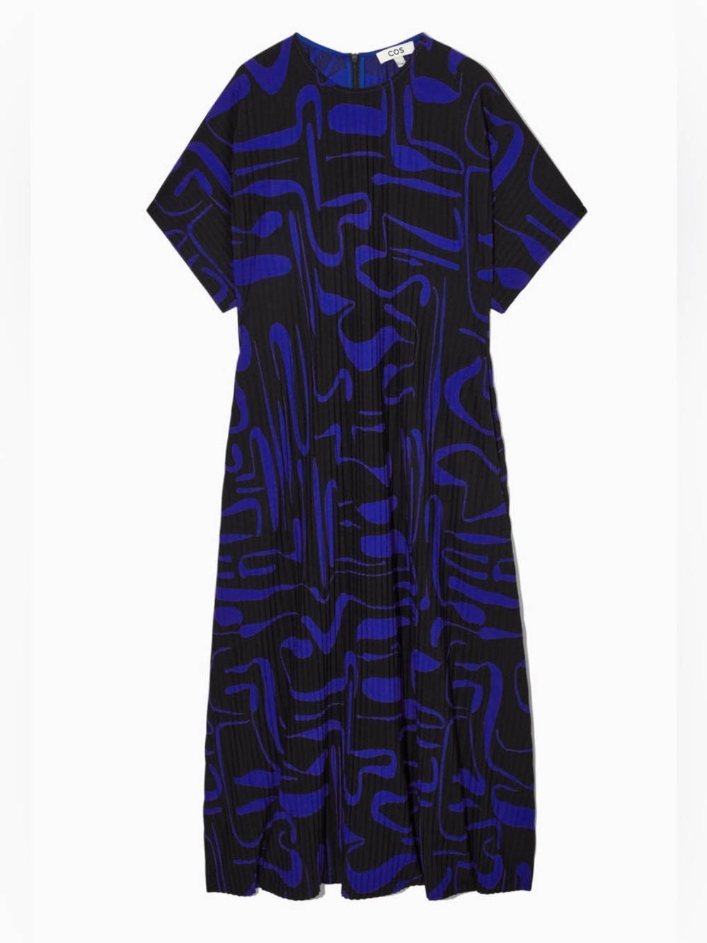 COS Black Blue Swirl Pleated Midi T-Shirt Dress Size US Small Short Sleeves